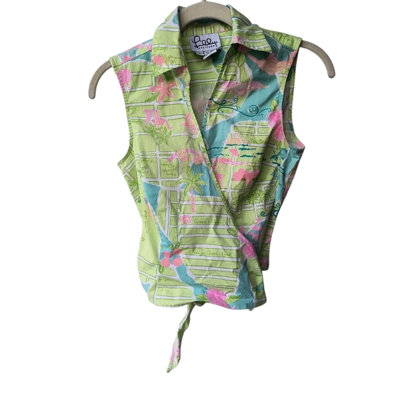 Lilly Pulitzer Green and Pink Tropical Print Sleeveless Cropped Wrap Top, 4 - Picture 1 of 7